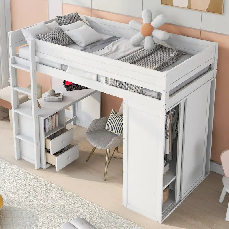 Cama alta de madera tamaño Twin con armarios y escritorio de 2 cajones con gabinete