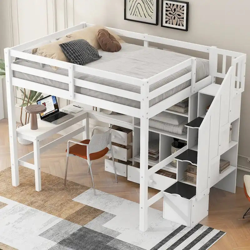 Hochbett in Full-Größe mit L-förmigem Schreibtisch, Schubladen, Schrank & Stauraumtreppe