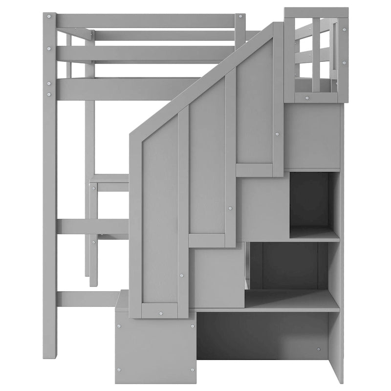 Hochbett in Full-Größe mit L-förmigem Schreibtisch, Schubladen, Schrank & Stauraumtreppe