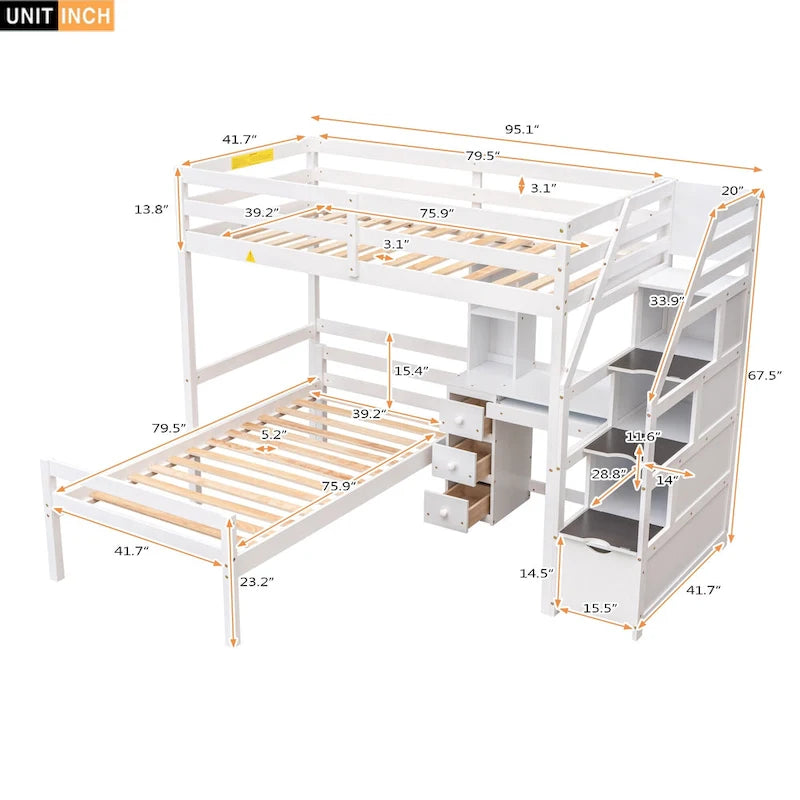 Hochbett in Twin-Größe mit separatem Bett, Stauraumtreppe, Schreibtisch, Regalen und Schubladen