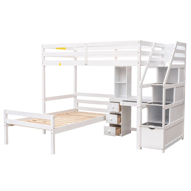 Hochbett in Twin-Größe mit separatem Bett, Stauraumtreppe, Schreibtisch, Regalen und Schubladen