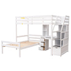 Hochbett in Twin-Größe mit separatem Bett, Stauraumtreppe, Schreibtisch, Regalen und Schubladen