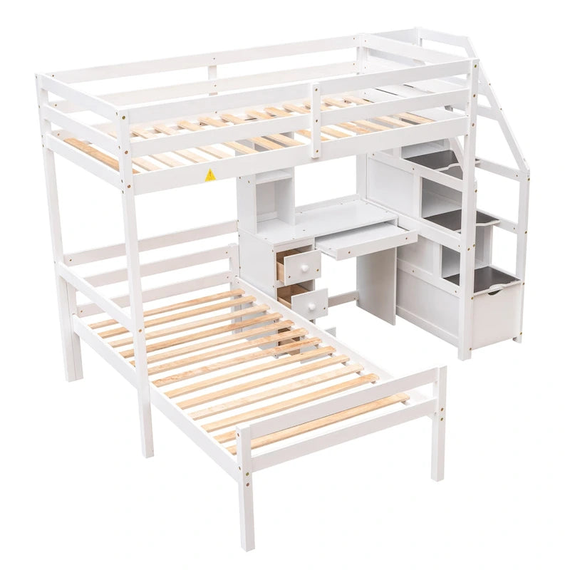 Hochbett in Twin-Größe mit separatem Bett, Stauraumtreppe, Schreibtisch, Regalen und Schubladen