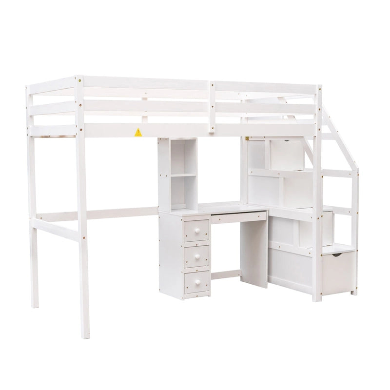 Hochbett in Twin-Größe mit separatem Bett, Stauraumtreppe, Schreibtisch, Regalen und Schubladen