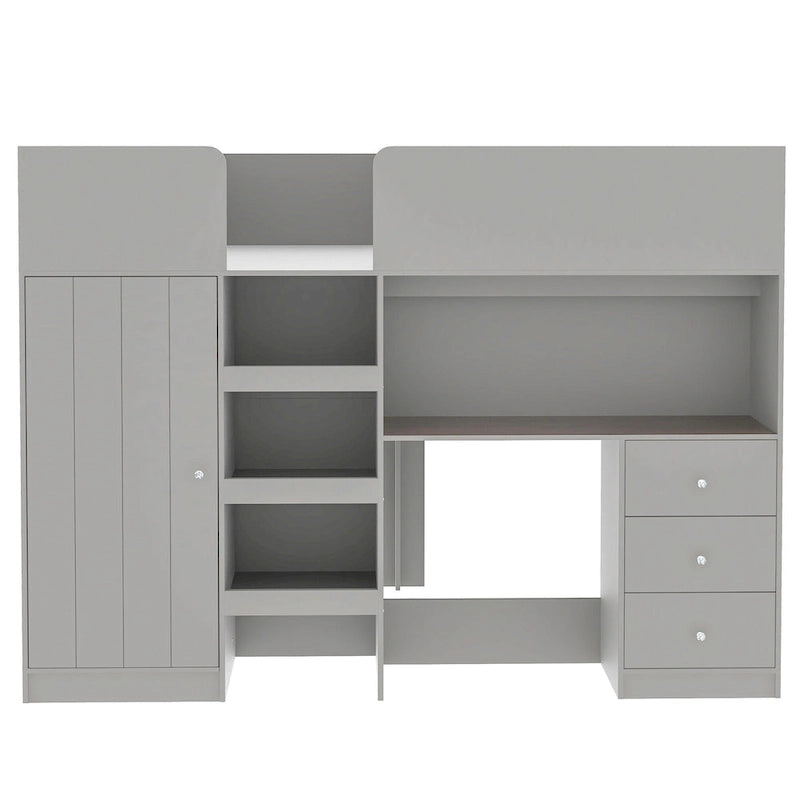 Holz-Hochbett in Full-Größe mit Kleiderschrank, Schreibtisch, Regalen und Schubladen