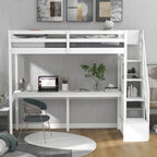 Twin Size Loft Bed w/Storage Staircase, Built-in Desk, Wood Loft Bedframe w/Length Guardrail, Slat Support, No Box Spring Needed