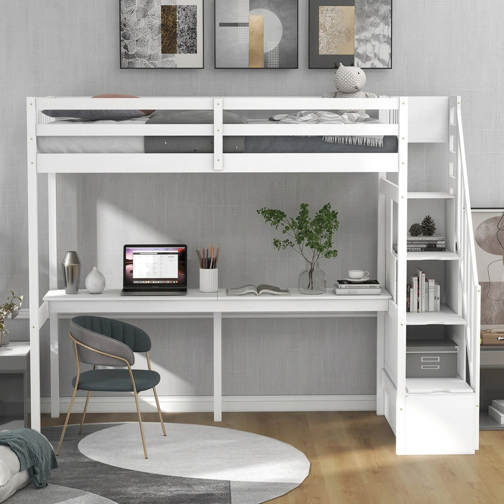 Twin Size Loft Bed w/Storage Staircase, Built-in Desk, Wood Loft Bedframe w/Length Guardrail, Slat Support, No Box Spring Needed