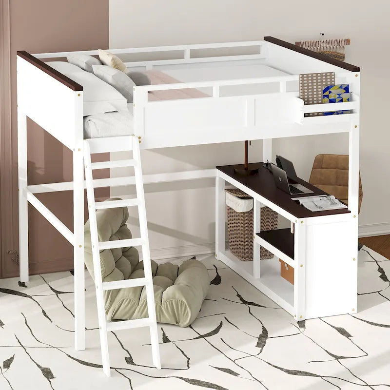 Hochbett in Queen-Größe mit Schreibtisch, offenem Regal, Stauraumbox und USB-Ladestation