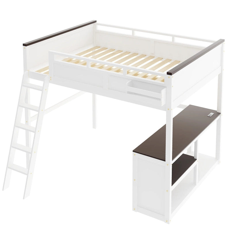 Hochbett in Queen-Größe mit Schreibtisch, offenem Regal, Stauraumbox und USB-Ladestation