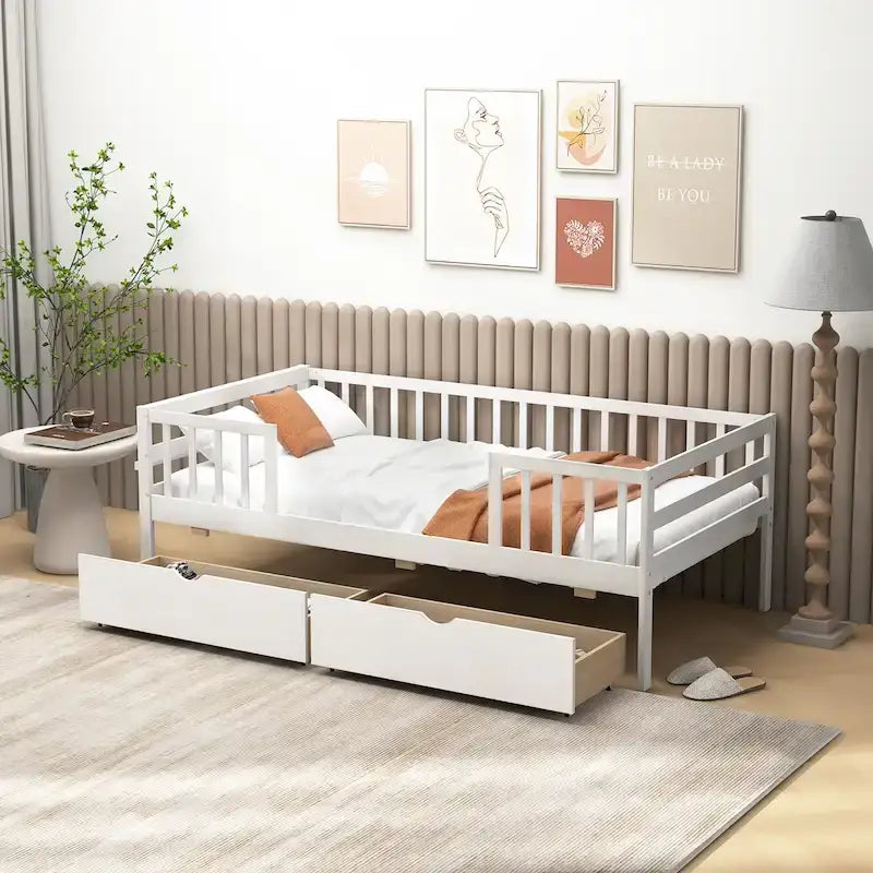Cama infantil tamaño Twin con almacenamiento y 2 cajones extraíbles