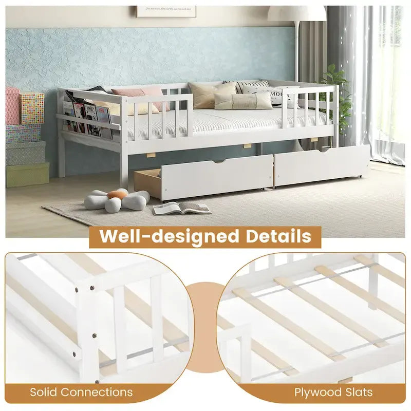 Cama infantil tamaño Twin con almacenamiento y 2 cajones extraíbles