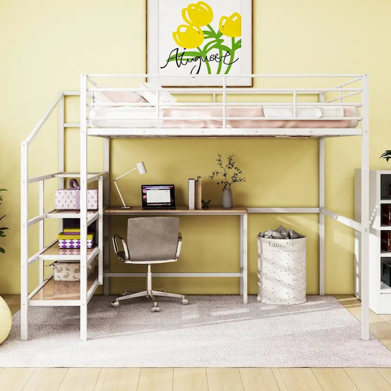 Cama alta metálica con escritorio y escalera de almacenamiento
