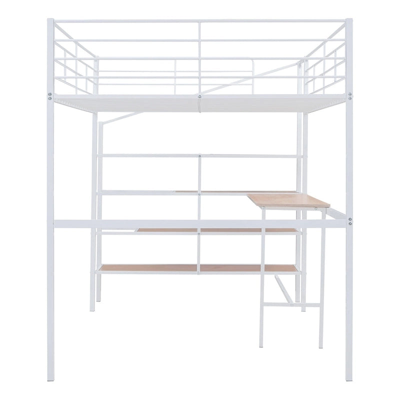 Cama alta metálica con escritorio y escalera de almacenamiento
