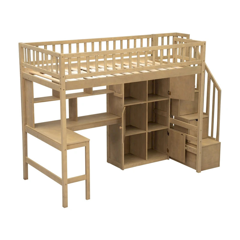 Massivholz-Hochbett in Twin-Größe mit integriertem Schreibtisch, LED-Beleuchtung, Ablageregalen, Schränken & Treppe