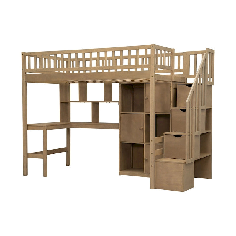 Massivholz-Hochbett in Twin-Größe mit integriertem Schreibtisch, LED-Beleuchtung, Ablageregalen, Schränken & Treppe