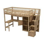 Massivholz-Hochbett in Twin-Größe mit integriertem Schreibtisch, LED-Beleuchtung, Ablageregalen, Schränken & Treppe