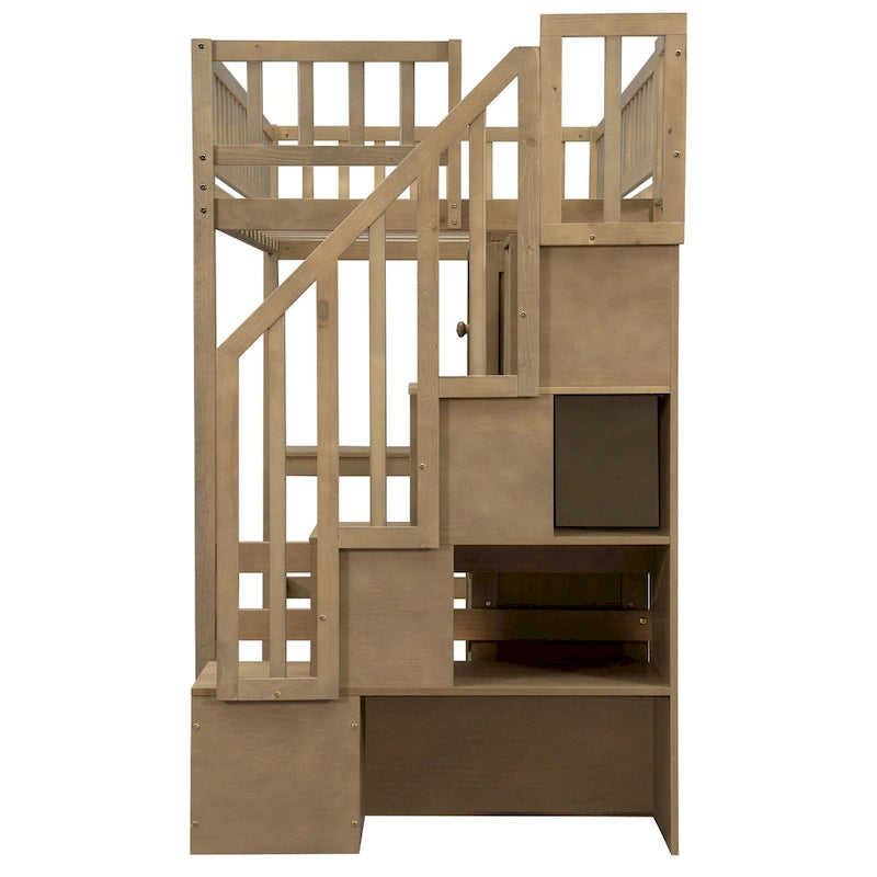 Massivholz-Hochbett in Twin-Größe mit integriertem Schreibtisch, LED-Beleuchtung, Ablageregalen, Schränken & Treppe