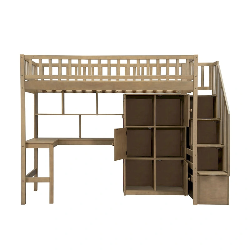 Massivholz-Hochbett in Twin-Größe mit integriertem Schreibtisch, LED-Beleuchtung, Ablageregalen, Schränken & Treppe