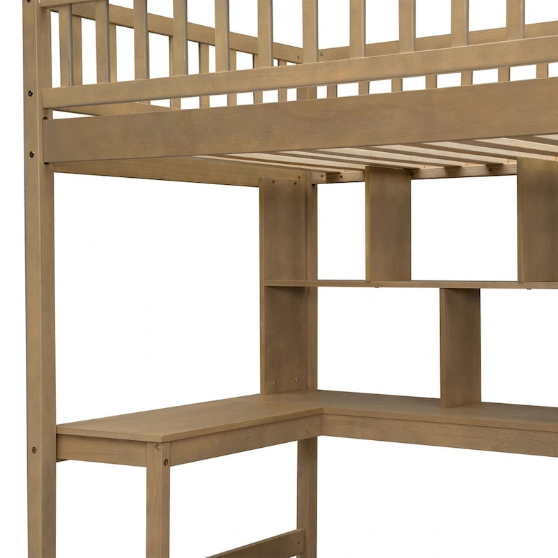 Massivholz-Hochbett in Twin-Größe mit integriertem Schreibtisch, LED-Beleuchtung, Ablageregalen, Schränken & Treppe