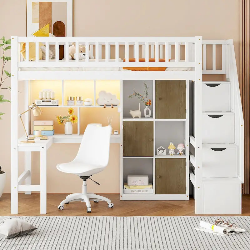 Massivholz-Hochbett in Twin-Größe mit integriertem Schreibtisch, LED-Beleuchtung, Ablageregalen, Schränken & Treppe