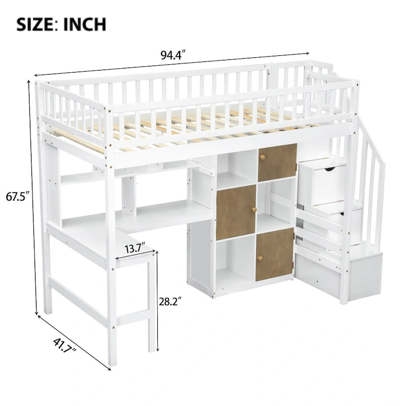 Massivholz-Hochbett in Twin-Größe mit integriertem Schreibtisch, LED-Beleuchtung, Ablageregalen, Schränken & Treppe