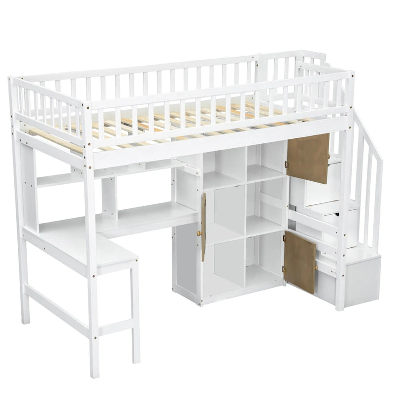 Massivholz-Hochbett in Twin-Größe mit integriertem Schreibtisch, LED-Beleuchtung, Ablageregalen, Schränken & Treppe