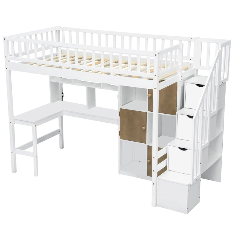 Massivholz-Hochbett in Twin-Größe mit integriertem Schreibtisch, LED-Beleuchtung, Ablageregalen, Schränken & Treppe