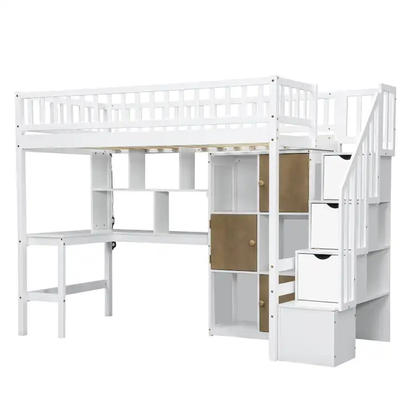 Massivholz-Hochbett in Twin-Größe mit integriertem Schreibtisch, LED-Beleuchtung, Ablageregalen, Schränken & Treppe