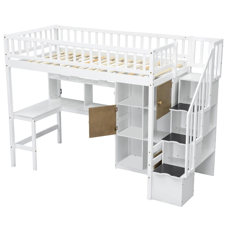 Massivholz-Hochbett in Twin-Größe mit integriertem Schreibtisch, LED-Beleuchtung, Ablageregalen, Schränken & Treppe