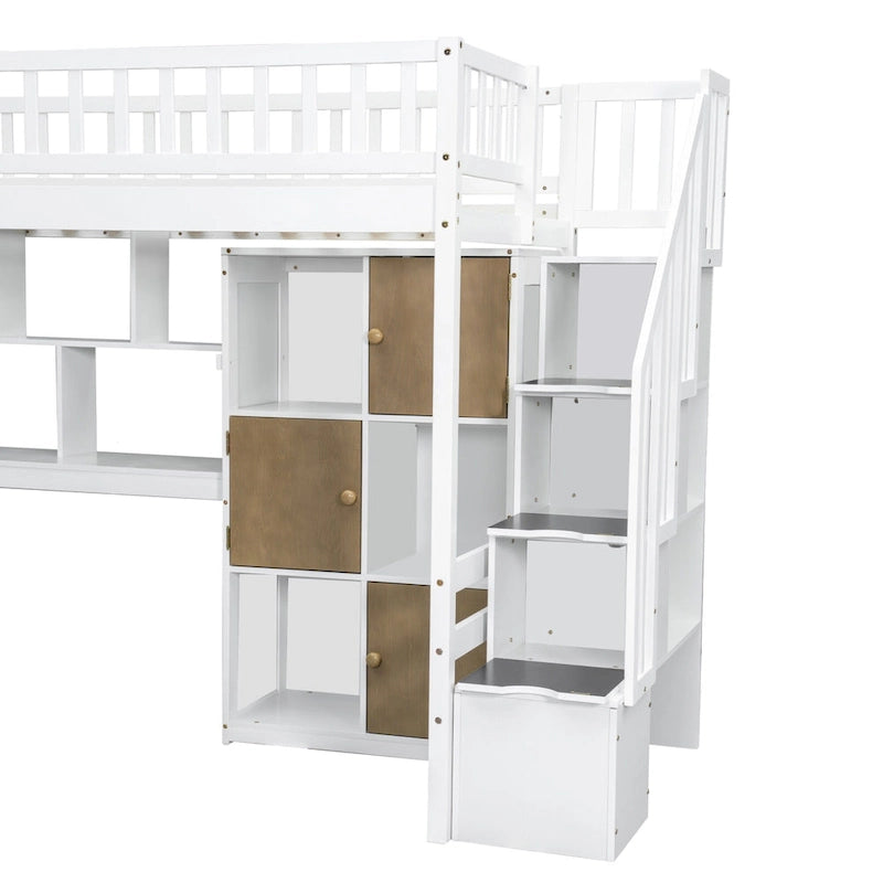 Massivholz-Hochbett in Twin-Größe mit integriertem Schreibtisch, LED-Beleuchtung, Ablageregalen, Schränken & Treppe