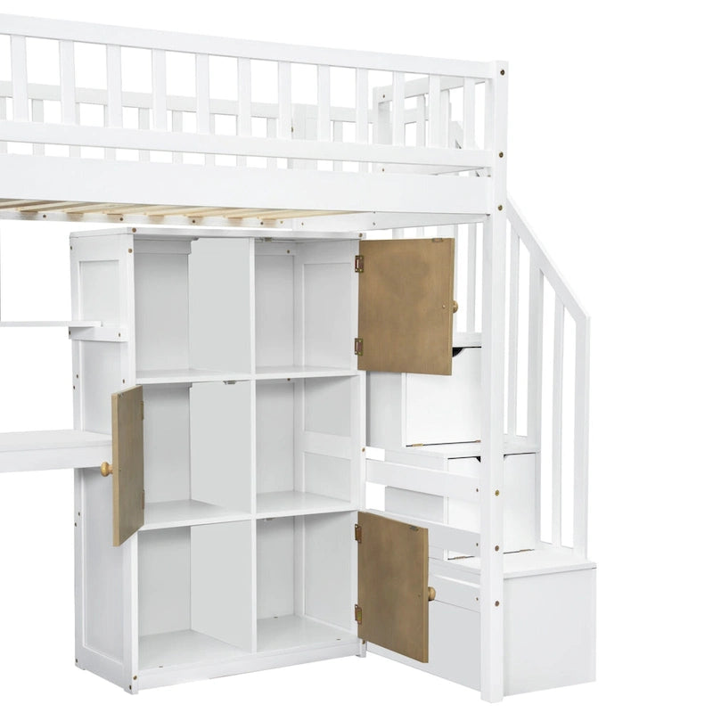 Massivholz-Hochbett in Twin-Größe mit integriertem Schreibtisch, LED-Beleuchtung, Ablageregalen, Schränken & Treppe