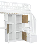 Massivholz-Hochbett in Twin-Größe mit integriertem Schreibtisch, LED-Beleuchtung, Ablageregalen, Schränken & Treppe