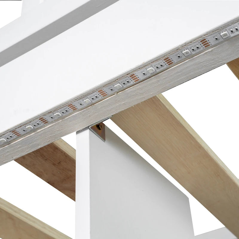 Massivholz-Hochbett in Twin-Größe mit integriertem Schreibtisch, LED-Beleuchtung, Ablageregalen, Schränken & Treppe