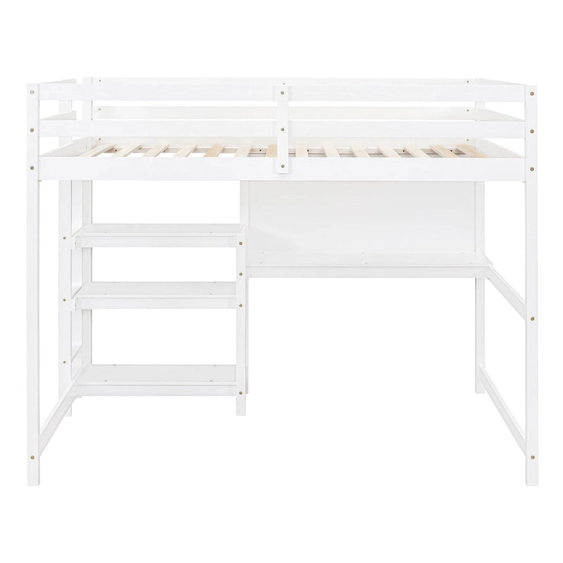 Hochbett in Full-Größe mit Schreibtisch, 3-stufigem Regal und beschreibbarer Tafel