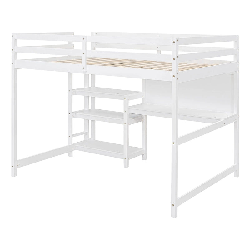 Hochbett in Full-Größe mit Schreibtisch, 3-stufigem Regal und beschreibbarer Tafel