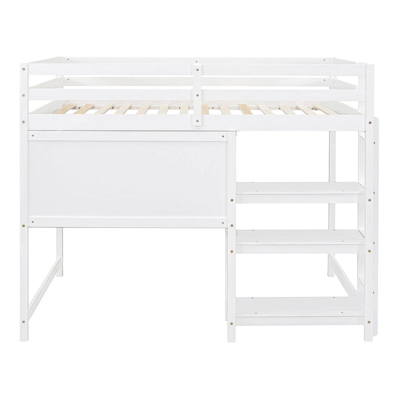 Hochbett in Full-Größe mit Schreibtisch, 3-stufigem Regal und beschreibbarer Tafel