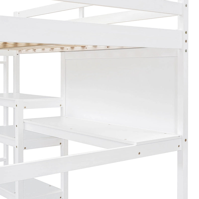 Hochbett in Full-Größe mit Schreibtisch, 3-stufigem Regal und beschreibbarer Tafel