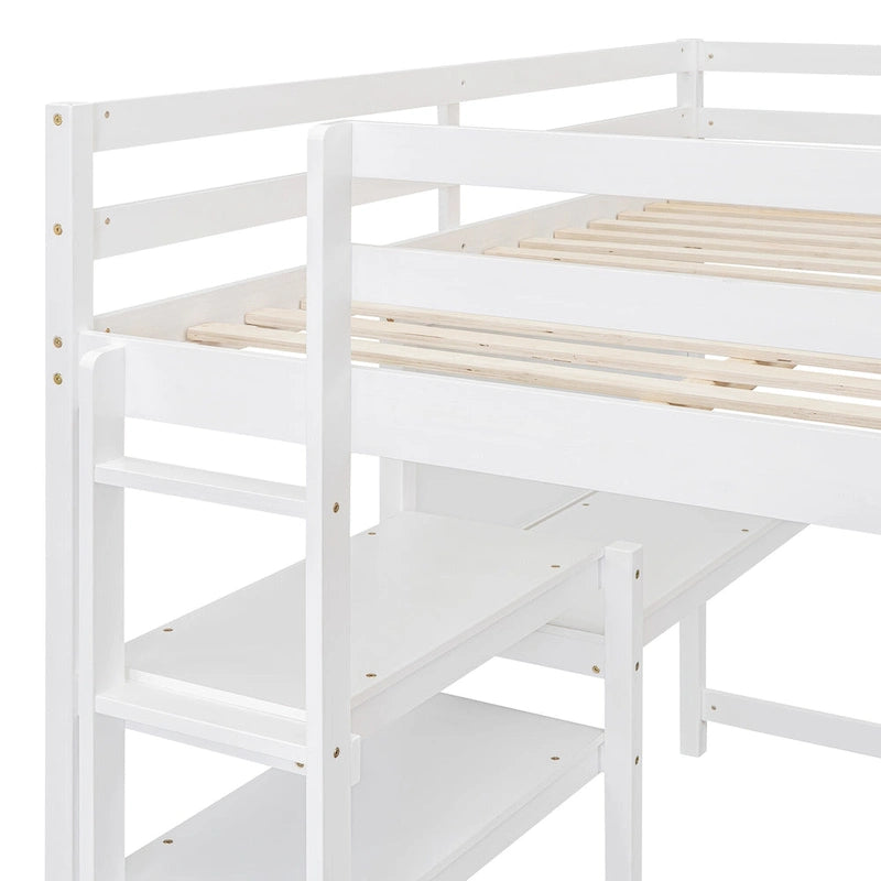 Hochbett in Full-Größe mit Schreibtisch, 3-stufigem Regal und beschreibbarer Tafel