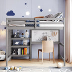 Hochbett in Full-Größe mit Schreibtisch, 3-stufigem Regal und beschreibbarer Tafel