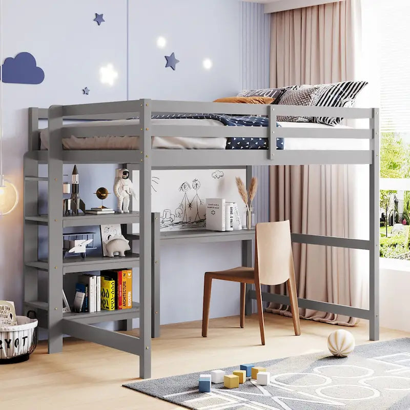 Hochbett in Full-Größe mit Schreibtisch, 3-stufigem Regal und beschreibbarer Tafel