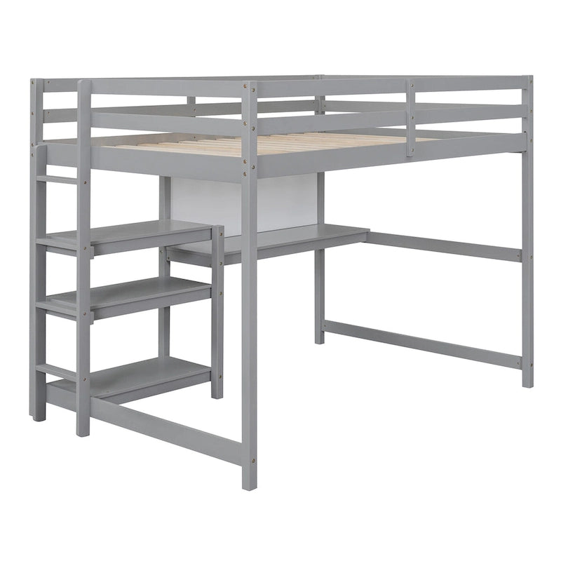 Hochbett in Full-Größe mit Schreibtisch, 3-stufigem Regal und beschreibbarer Tafel