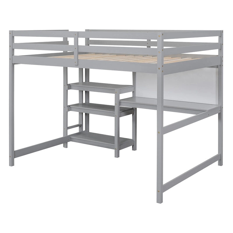 Hochbett in Full-Größe mit Schreibtisch, 3-stufigem Regal und beschreibbarer Tafel