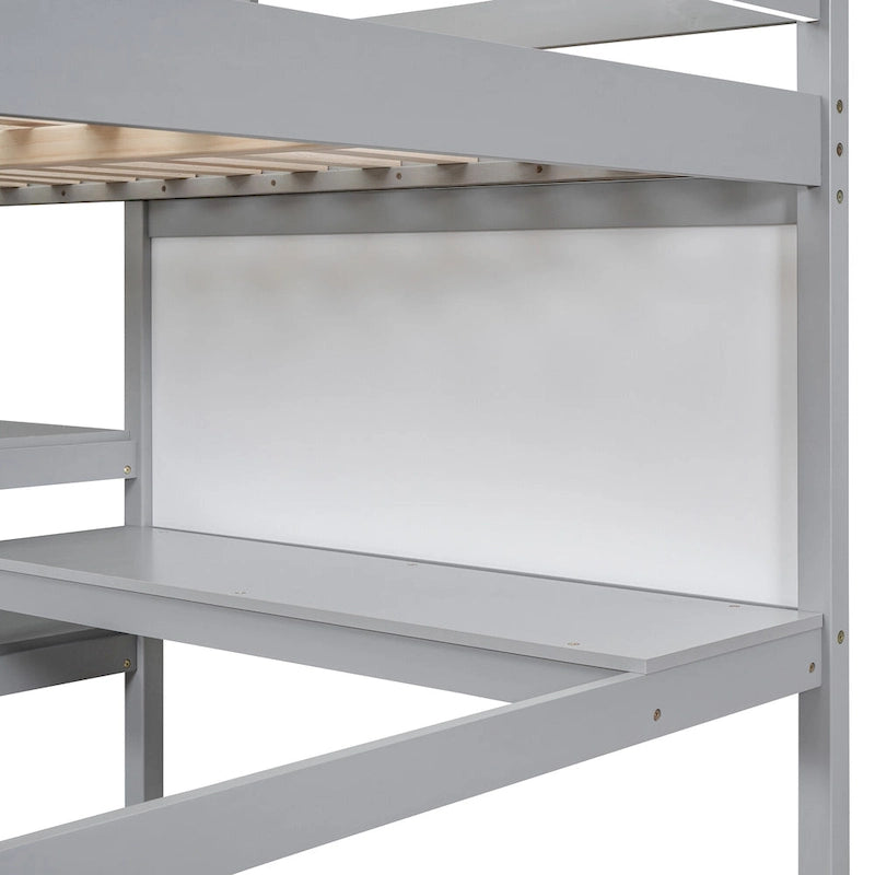 Hochbett in Full-Größe mit Schreibtisch, 3-stufigem Regal und beschreibbarer Tafel