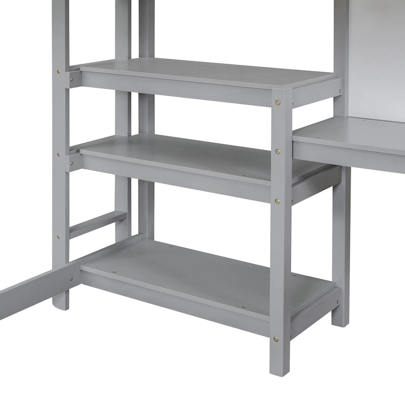 Hochbett in Full-Größe mit Schreibtisch, 3-stufigem Regal und beschreibbarer Tafel