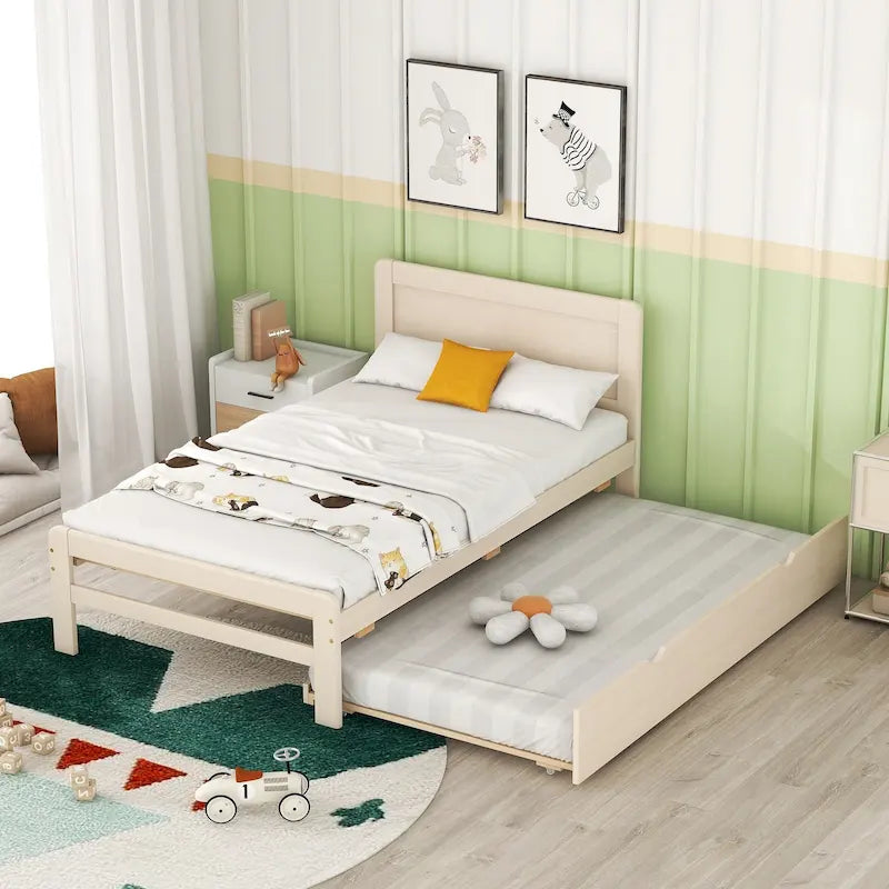 Cama blanca de madera maciza tamaño Twin con cama nido