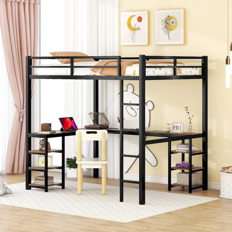 Cama alta metálica tamaño Full con escritorio, estantes, escalera y barandillas de seguridad