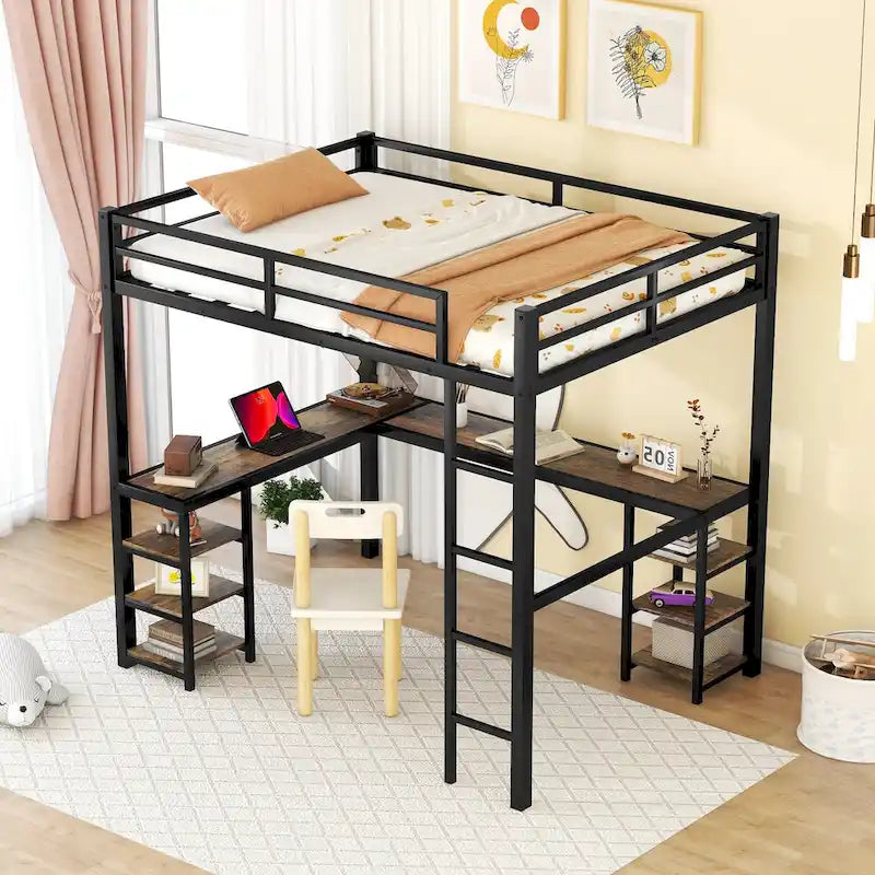 Full Size Metal Loft Bed with Desk and Shelves, Ladder and Guardrails, Vintage wood-colored desk