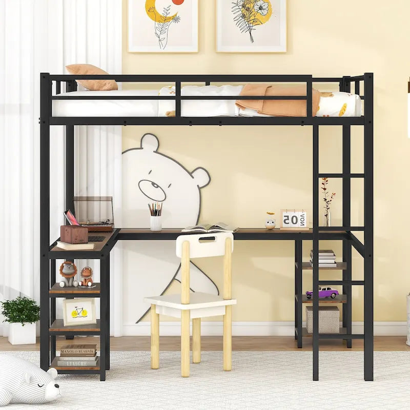 Cama alta metálica tamaño Full con escritorio, estantes, escalera y barandillas de seguridad