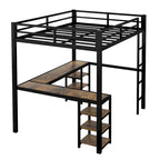 Cama alta metálica tamaño Full con escritorio, estantes, escalera y barandillas de seguridad