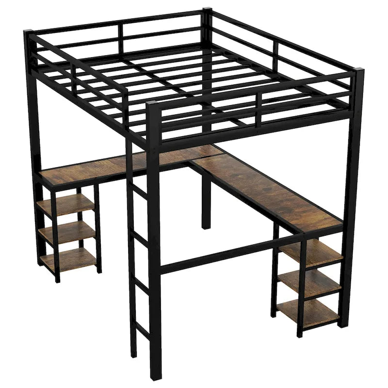 Cama alta metálica tamaño Full con escritorio, estantes, escalera y barandillas de seguridad